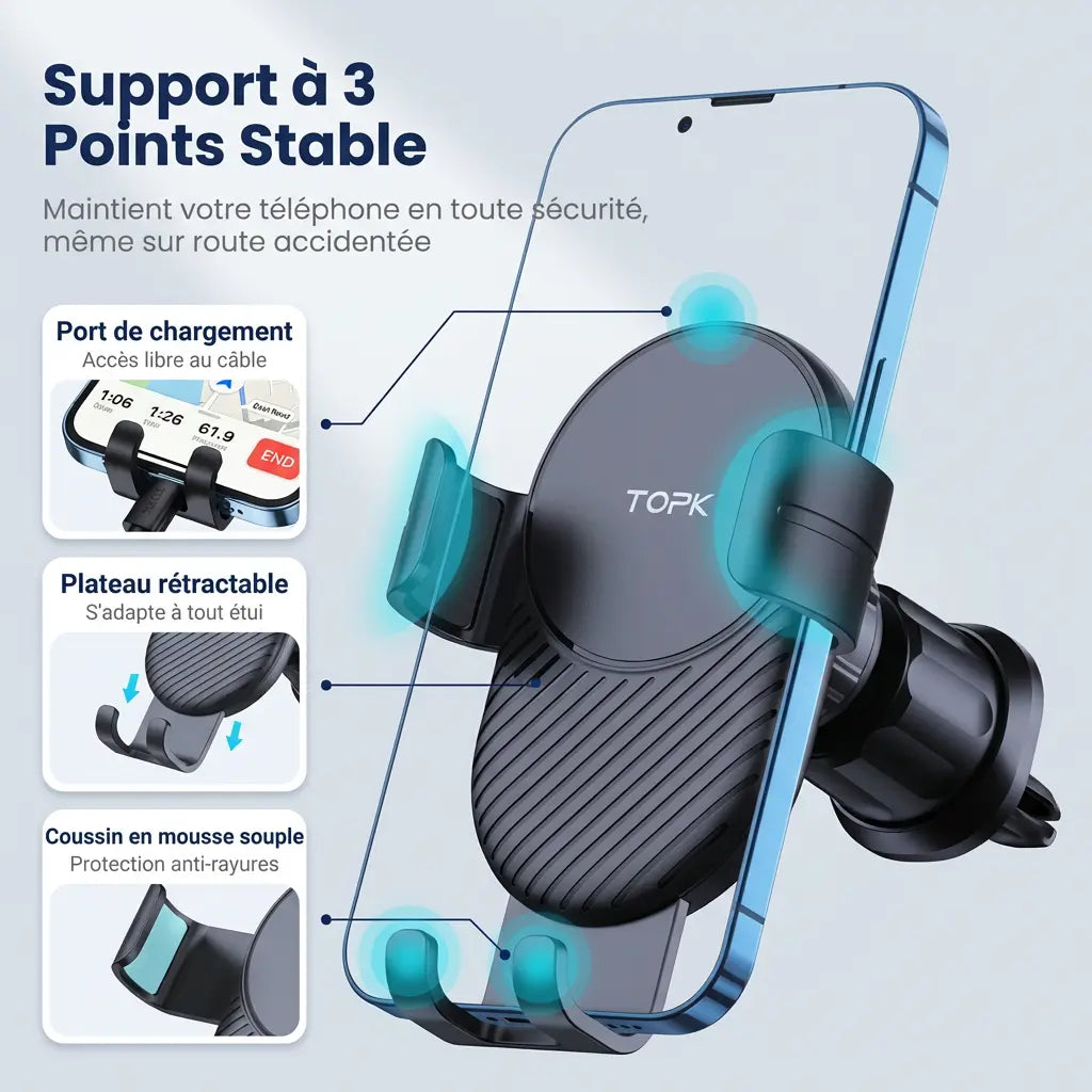 support téléphone grille d'aération topk installation facile rapide